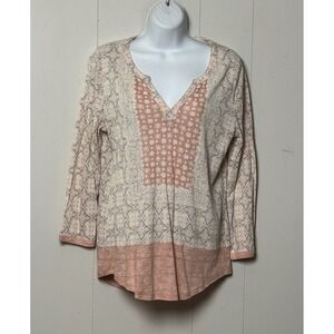 NWT Lucky Brand Boho Geometric Floral Print Split V-Neck Top Pink Grey Size M